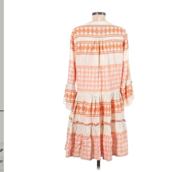 PEARL & CAVIAR Zakar Cotton 3/4 Sleeve Peach and Cream Greek Santorini Dress - Picture 2 of 8
